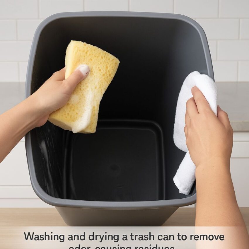 Washing and drying a trash can to remove odor-causing residues
