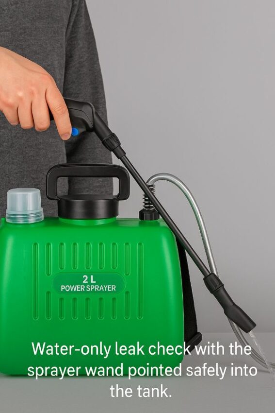 Water-only leak check with the sprayer wand pointed safely into the tank