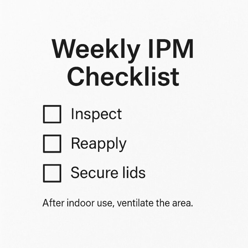 Weekly IPM checklist for inspection, reapplication, and sanitation