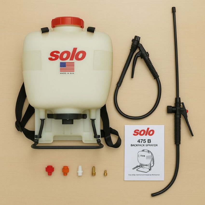 What’s included with the SOLO 475-B backpack sprayer, shown on a clean tabletop
