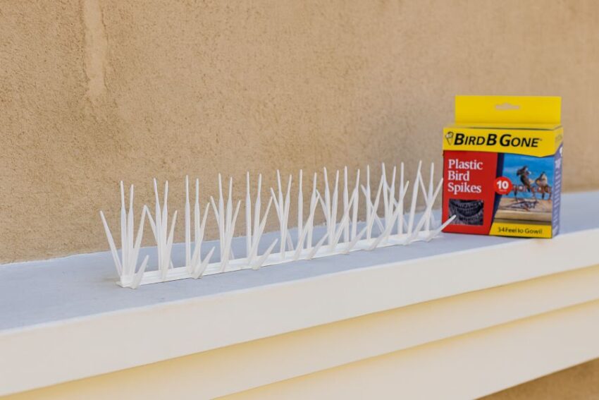 White polycarbonate Bird B Gone spike strip installed in a straight row on a window ledge, retail box in the background