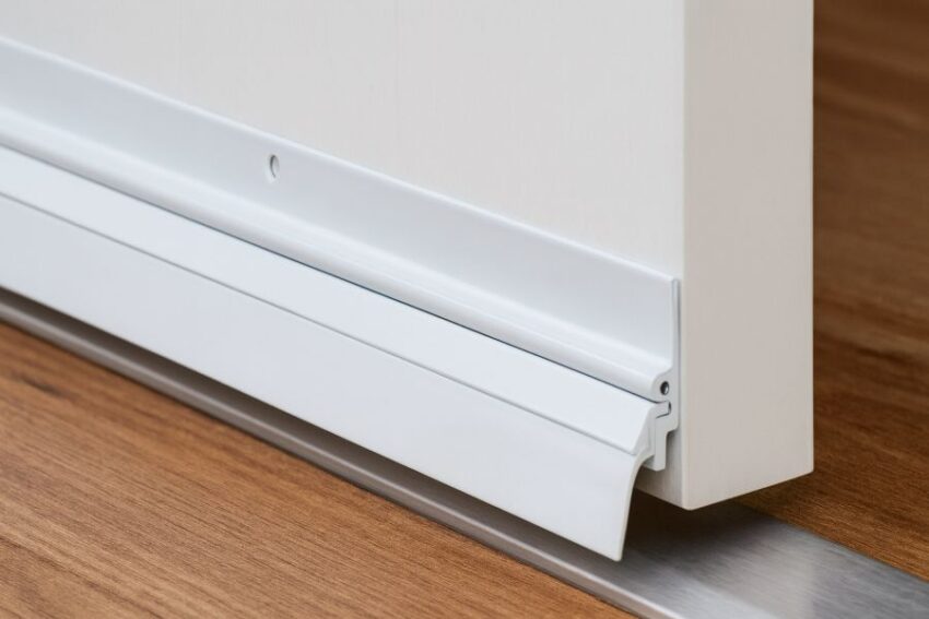 White spring-activated automatic door sweep with slotted holes and single sealing fin resting on a threshold