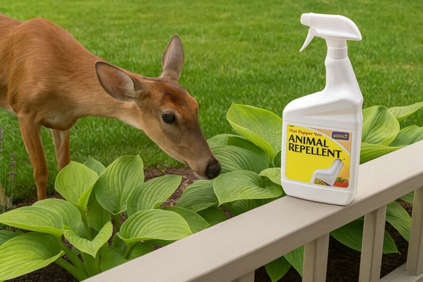 White-tailed deer approaching ornamental plants in a backyard.