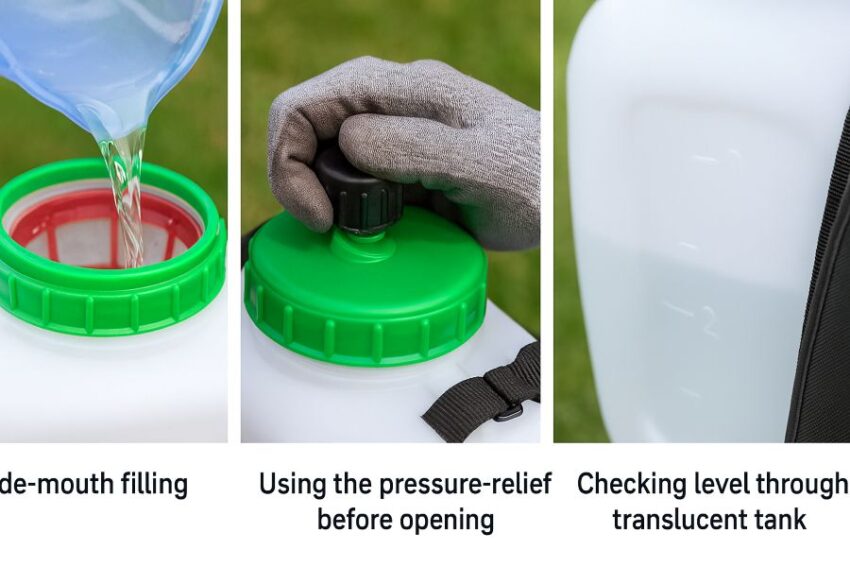 Wide-mouth filling, using the pressure-relief before opening, and checking level through a translucent tank on a backpack sprayer.