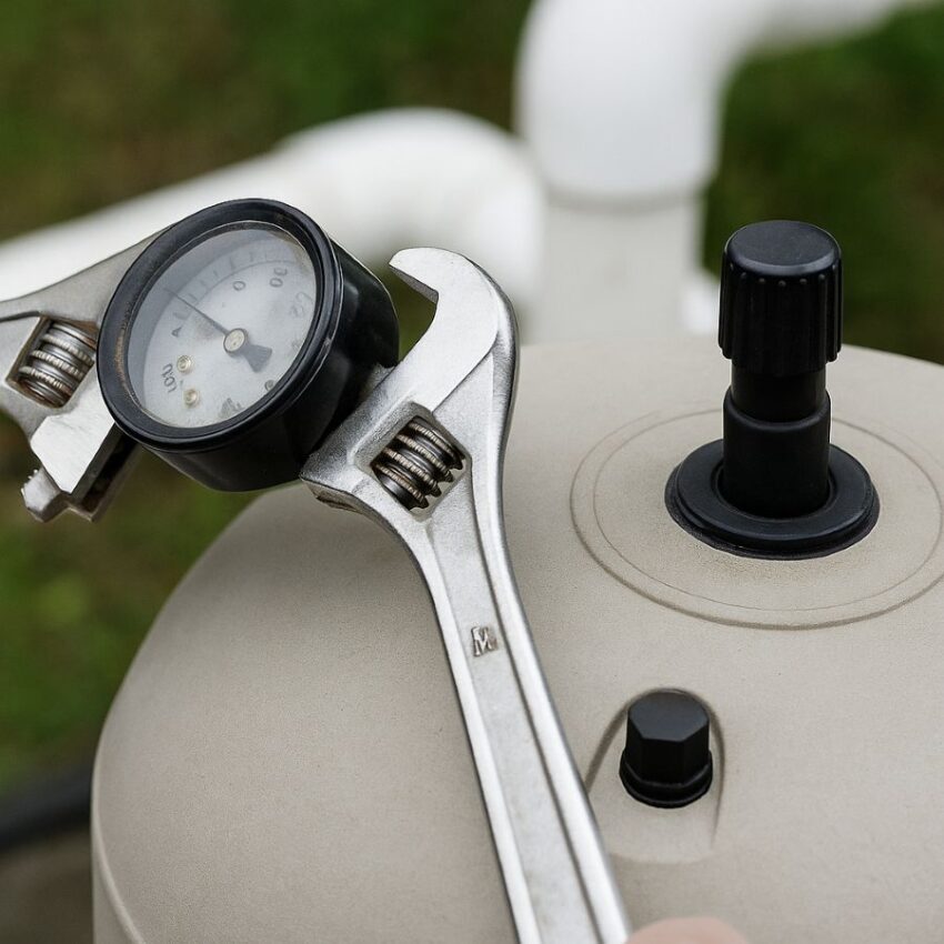 Wrench removing an old pressure gauge from the filter lid with the air-relief open.