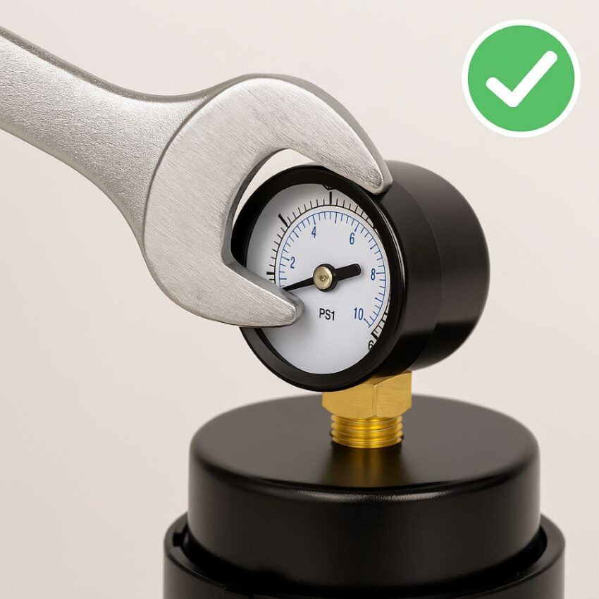 Wrench tightening a pressure gauge by the hex flats while keeping the case stationary