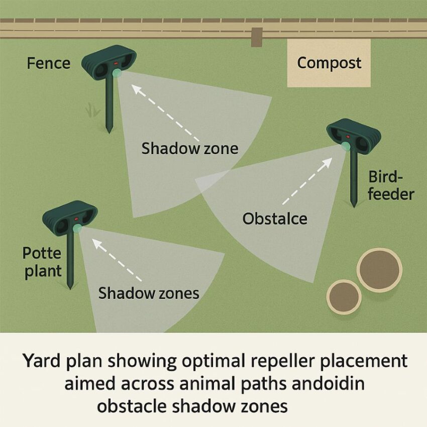 Yard plan showing optimal repeller placement aimed across animal paths and avoiding obstacle shadow zones
