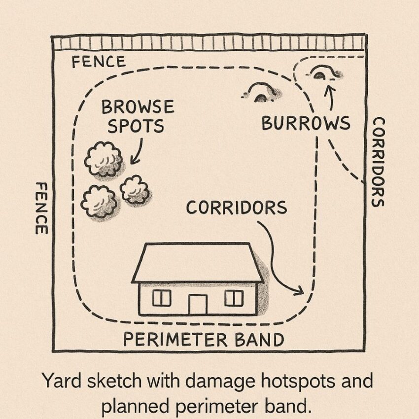 Yard sketch with damage hotspots and planned perimeter band.