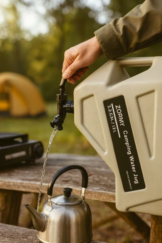 ZORMY 3.2 gallon camping water container dispensing water into a kettle at a campsite
