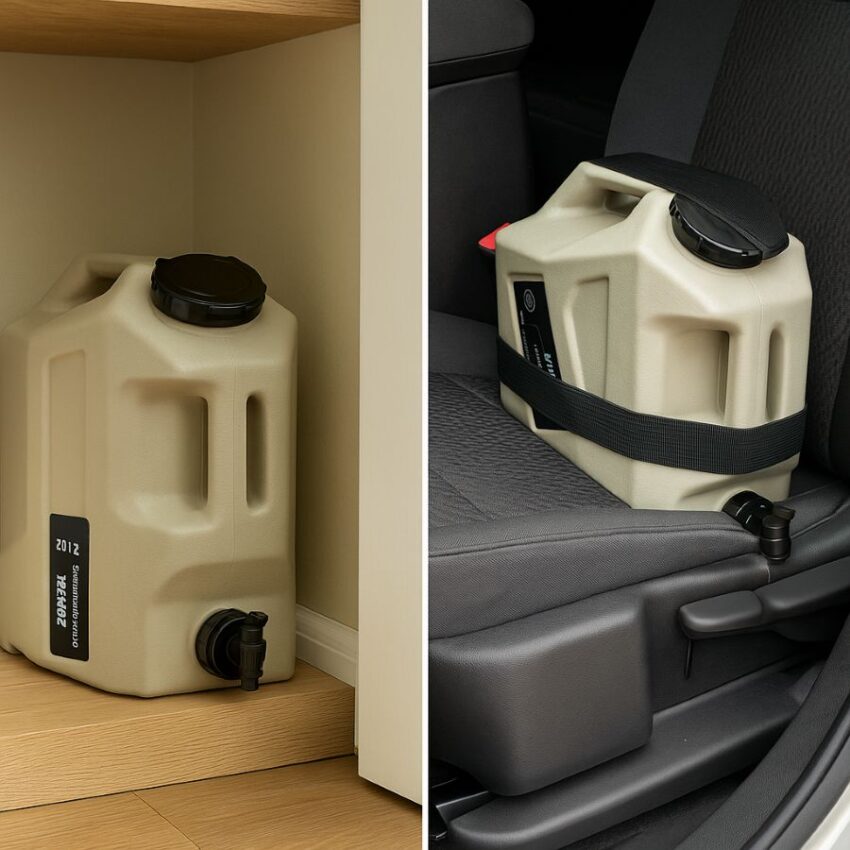 ZORMY jug stored in a cool closet at home, plus secured upright in a car footwell