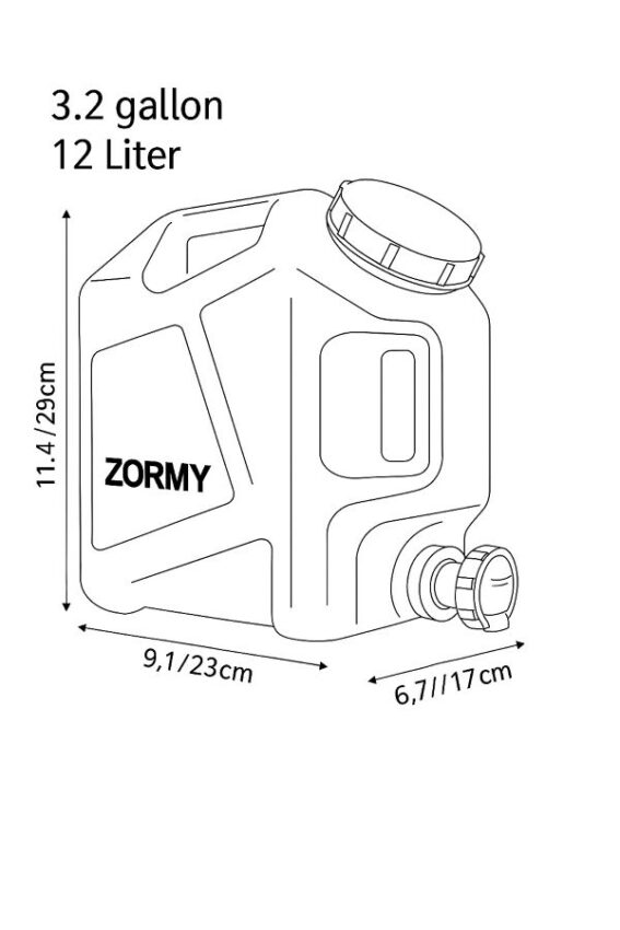 ZORMY water jug dimension diagram with 3.2 gallon, 12 liter capacity and labeled measurements