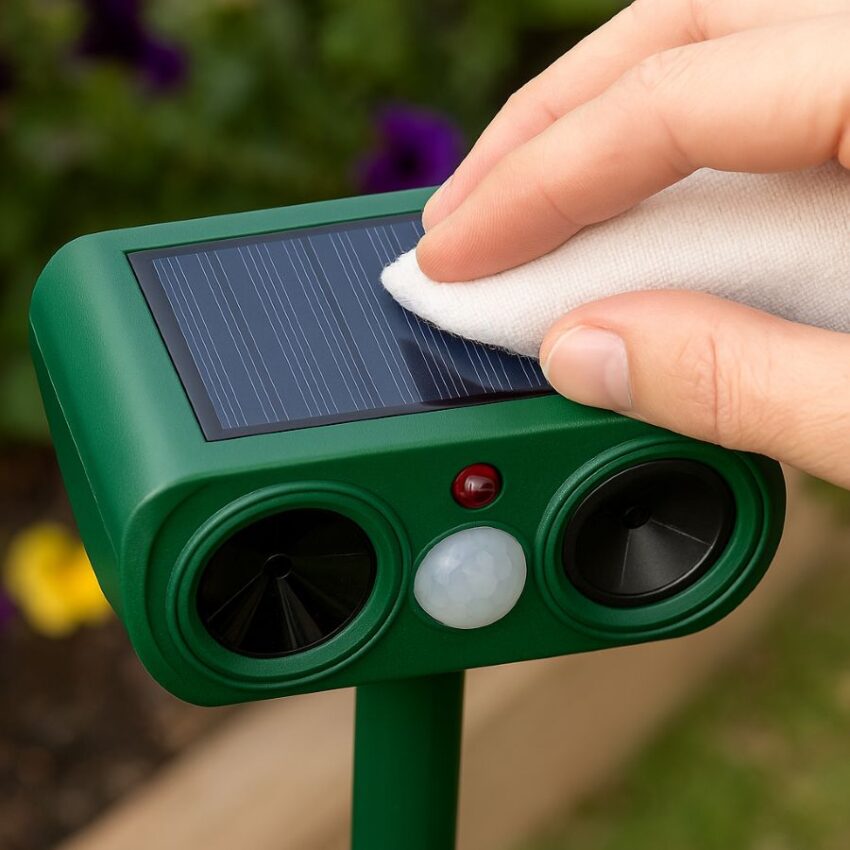 a hand cleaning dust from a small solar panel on a garden repeller to maintain charging efficiency