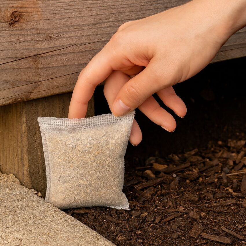 Hand placing a natural skunk-repellent pouch at ground level along a deck