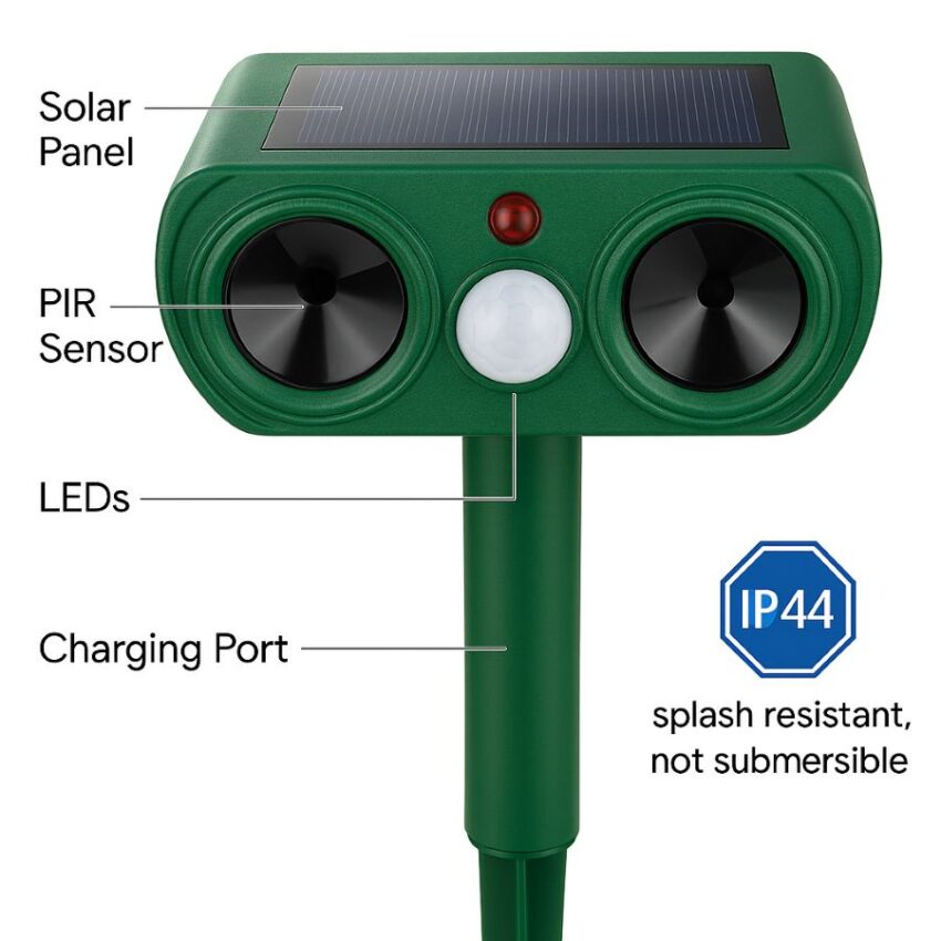 a solar ultrasonic repeller with labels for panel, motion sensor, speaker, LEDs, and an IP44 splash-resistant icon.