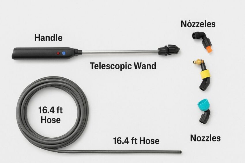 Exploded view of battery sprayer handle, telescopic wand, 16.4 ft hose, and three nozzles with labels.