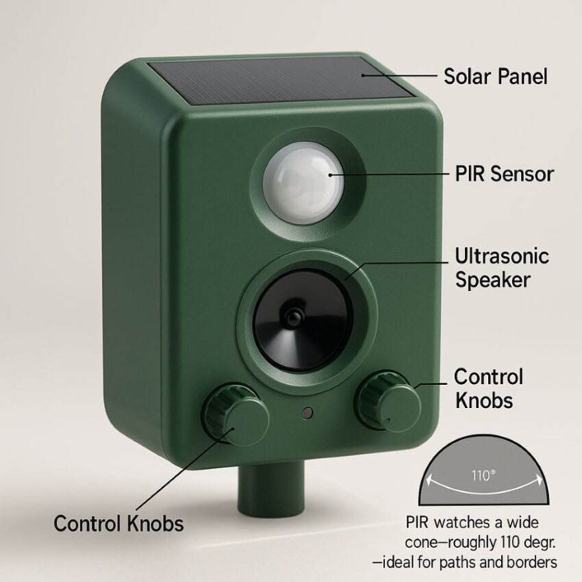 Close-up of cat repeller with labeled solar panel, PIR sensor, ultrasonic speaker, and control knobs