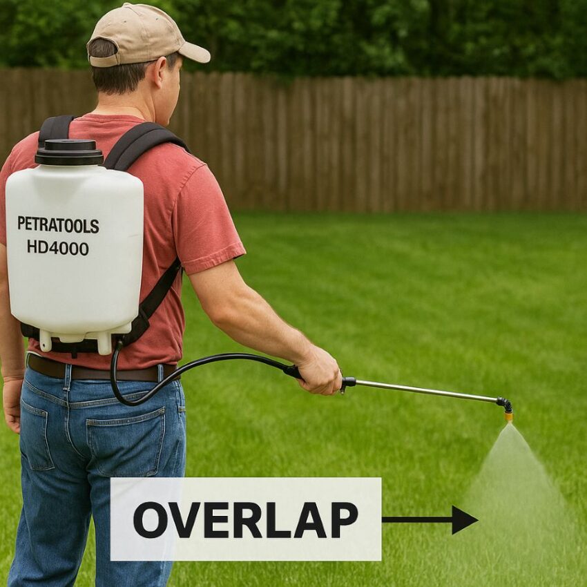consistent nozzle height and overlap, plus a second image with a handheld wind meter to reinforce drift