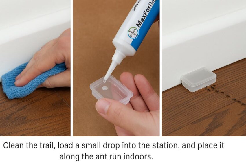 Clean the trail, load a small drop into the station, and place it along the ant run indoors