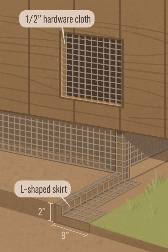 half-inch hardware cloth on a vent and an “L-shaped” skirt at the base of the run
