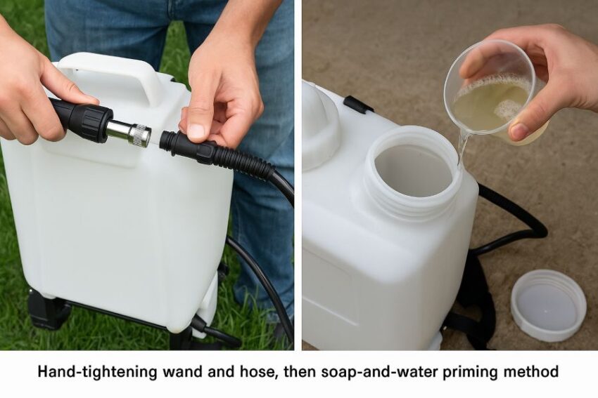 hand-tightening wand and hose, then the soap-and-water priming method