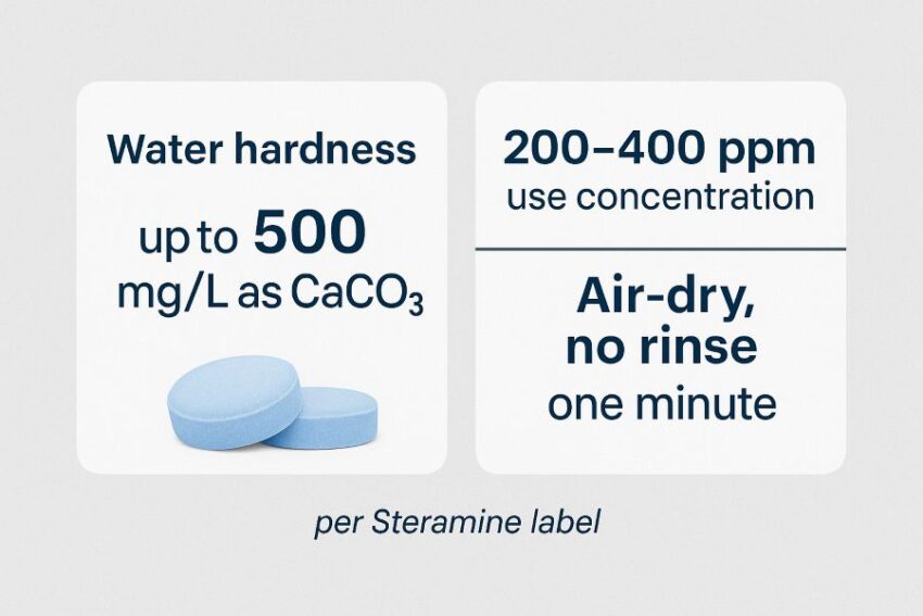 Info cards noting Steramine label parameters, including 200–400 ppm use concentration, one-minute contact, and up to 500 mg/L water hardness