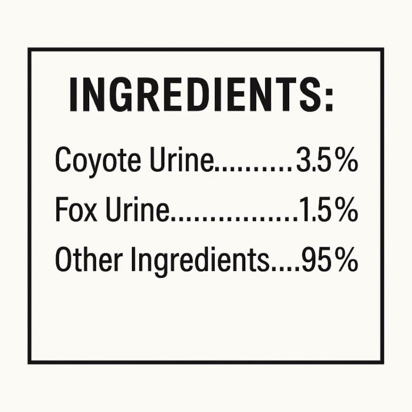 ngredient panel showing coyote urine 3.5 percent and fox urine 1.5 percent.