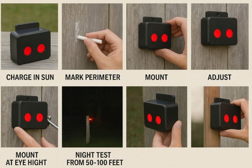 Six-frame sequence: charge in sun, mark perimeter, mount at eye height, aim outward, night test from 50–100 feet, adjust angle.