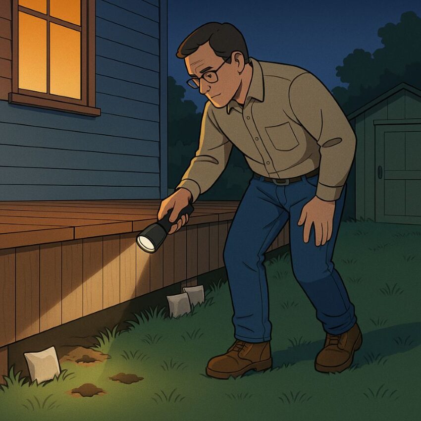 Homeowner checking deck edges and shed skirt for skunk sign at dusk