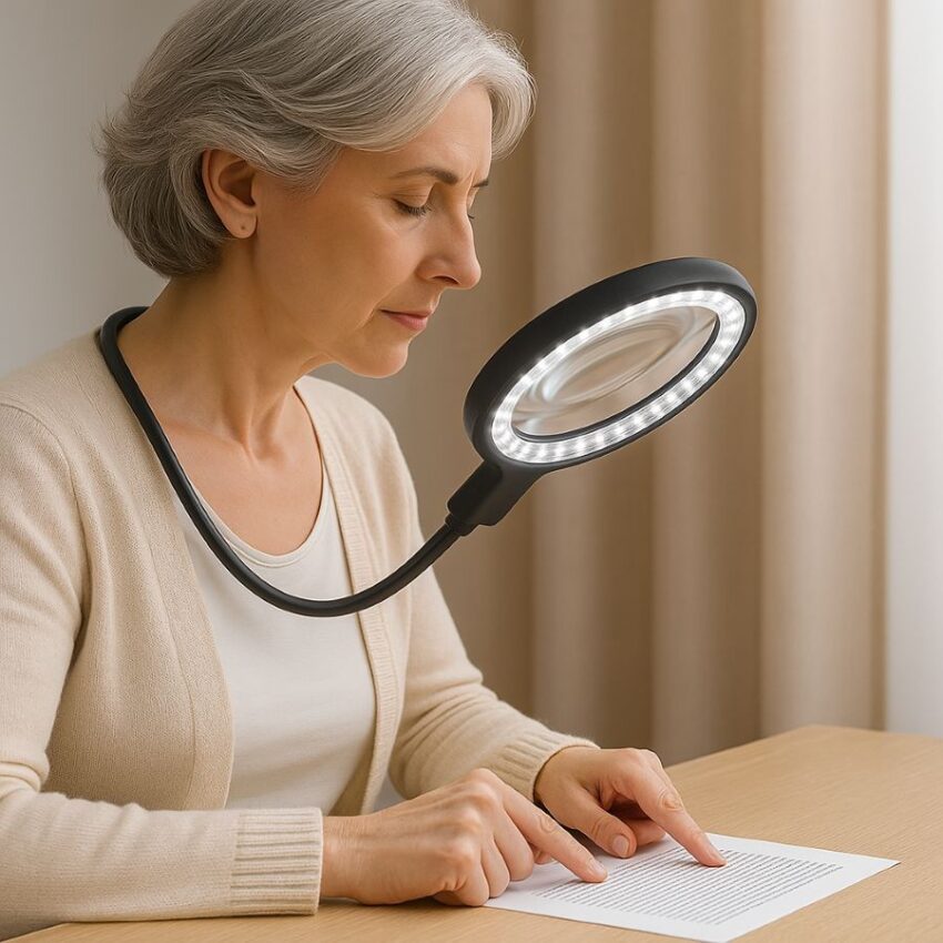 orrect posture and lamp placement for magnifier use, light between eye and page with lens close to text.