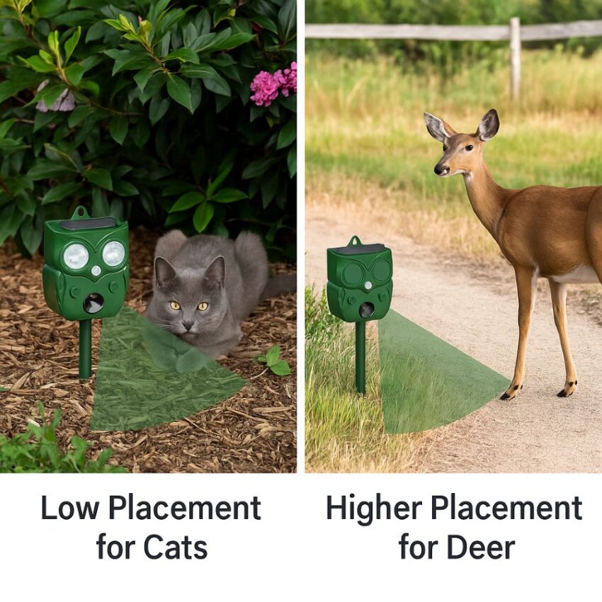 Side-by-side photos showing low placement for cats and higher placement for deer along their approach path