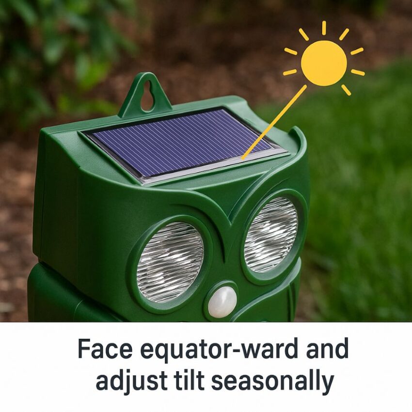 Close-up of repeller’s solar panel angled toward midday sun with a caption about seasonal tilt