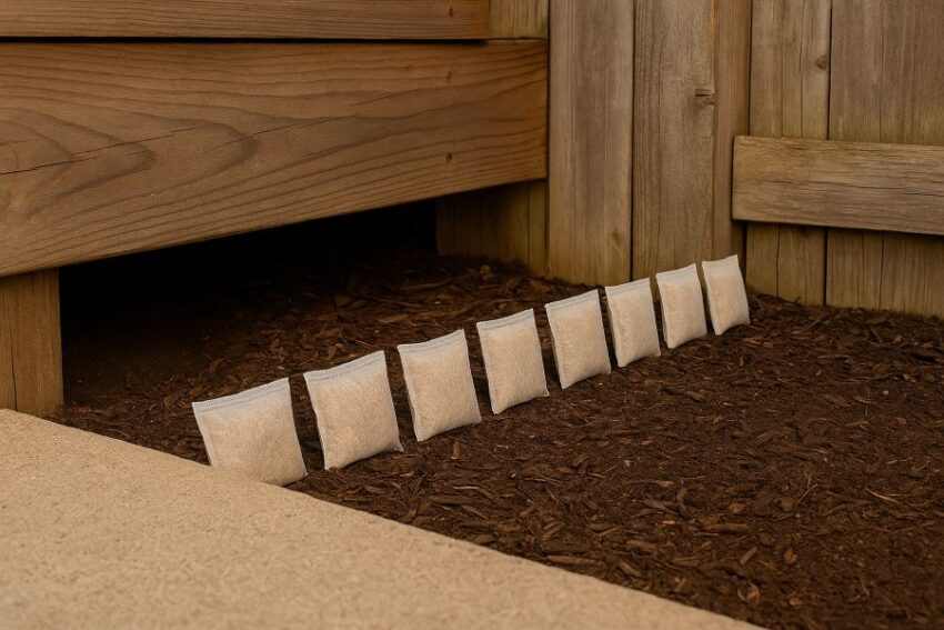 Continuous line of scent pouches at ground level along a deck skirt and fence gap