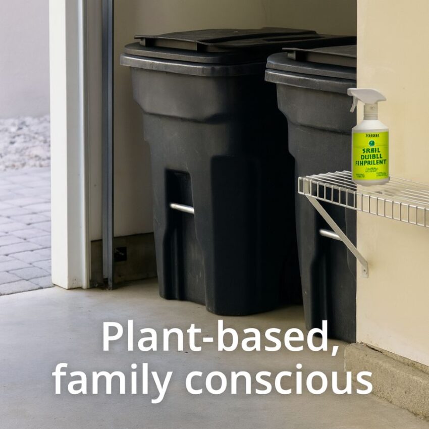Garage with sealed trash cans and a plant-based all natural rodent repellent spray on a shelf