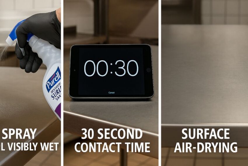 Three-step sequence: spraying to wet, 30-second contact time, surface air-drying after sanitizing