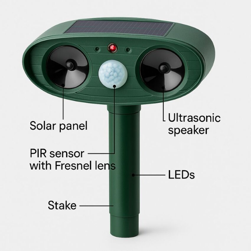 solar ultrasonic repeller with callouts to solar panel, PIR sensor, speaker, and LEDs.