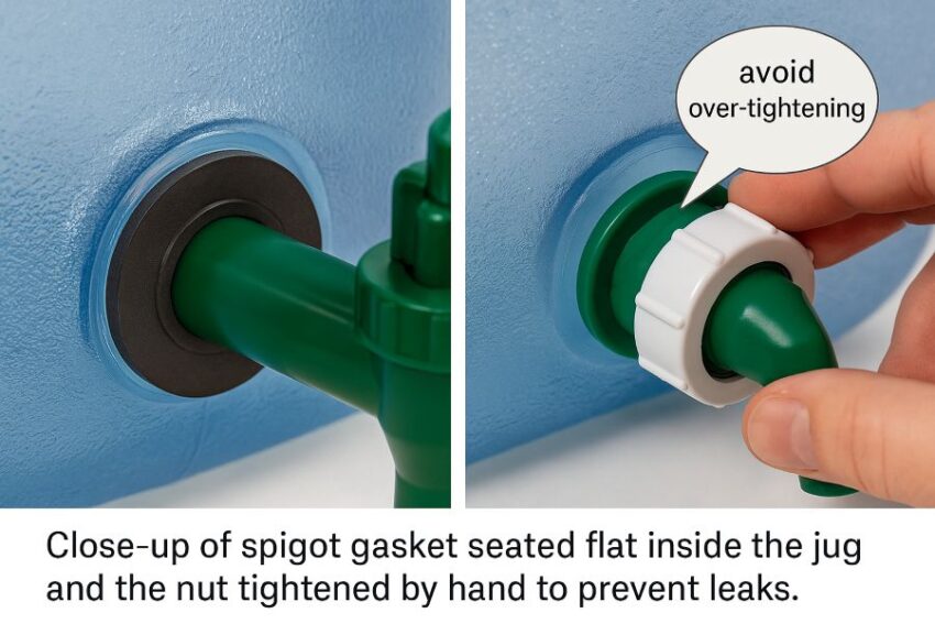 spigot gasket seated flat inside the jug and the nut tightened by hand to prevent leaks
