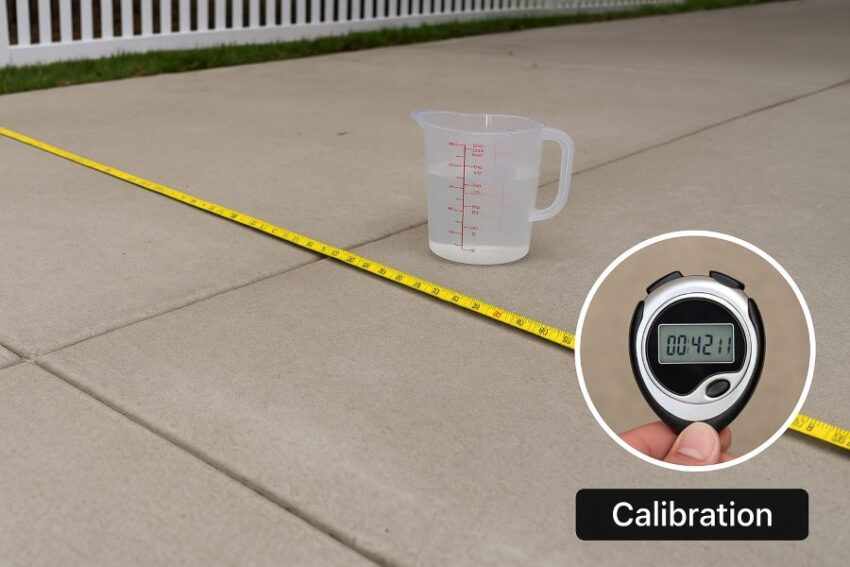 the 1 over 128th acre method shot on a driveway with measuring tape and a measuring jug. Include an inset of the stopwatch