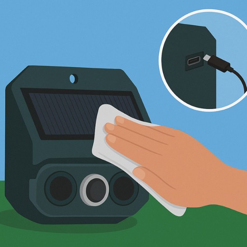 Angled solar panel in full sun being cleaned to maintain charge, with inset of USB top-up
