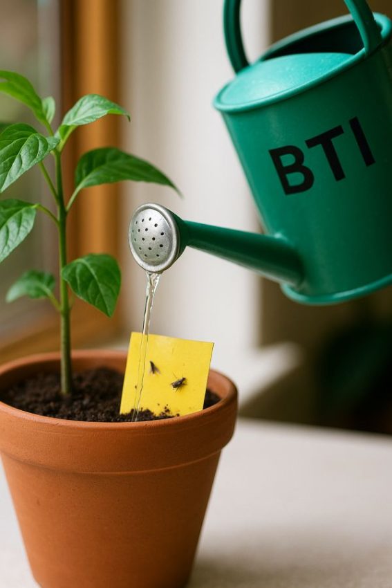 Applying a BTI water drench to potting soil to target fungus gnat larvae.