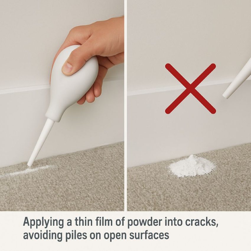 Applying a thin film of powder into cracks, avoiding piles on open surfaces.