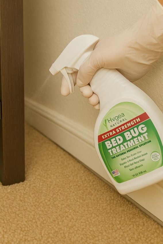 Applying bed bug spray directly into cracks and joints