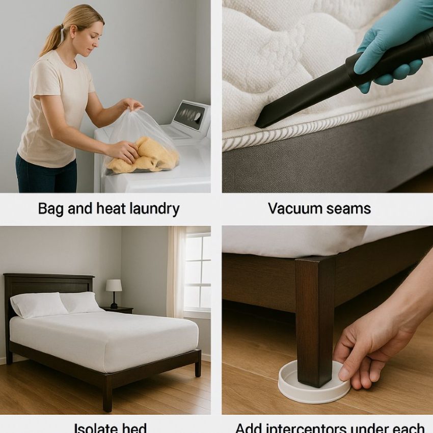 Bag and heat laundry, vacuum seams, isolate bed, add interceptors under each leg