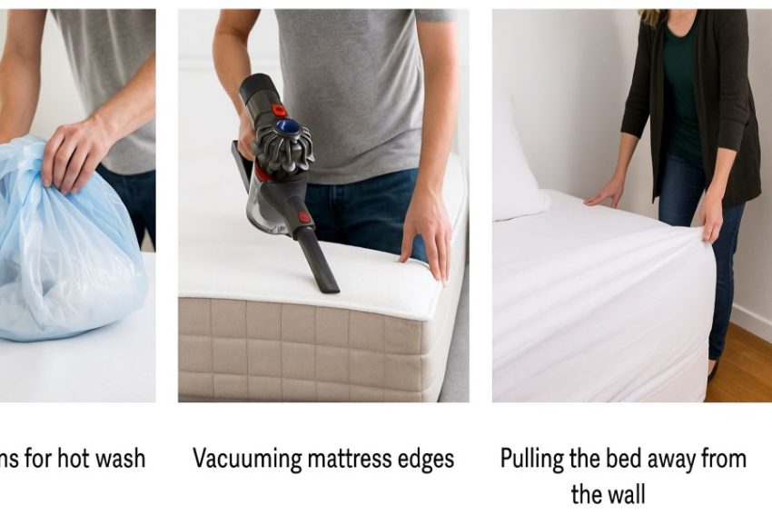 Bagging linens for hot wash, vacuuming mattress edges, and pulling the bed away from the wall