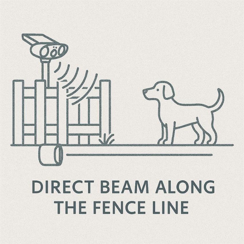 Beam directed along the fence line, not across the neighbor’s dog run
