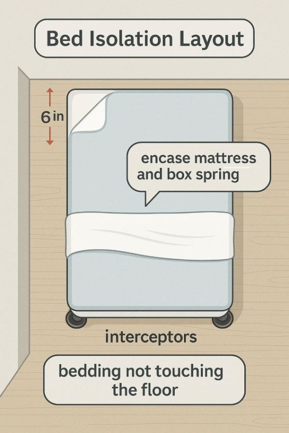 Bed isolation layout with interceptors and clearance from walls and bedding
