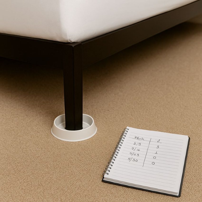 Bed on interceptor cups with weekly log to track activity.
