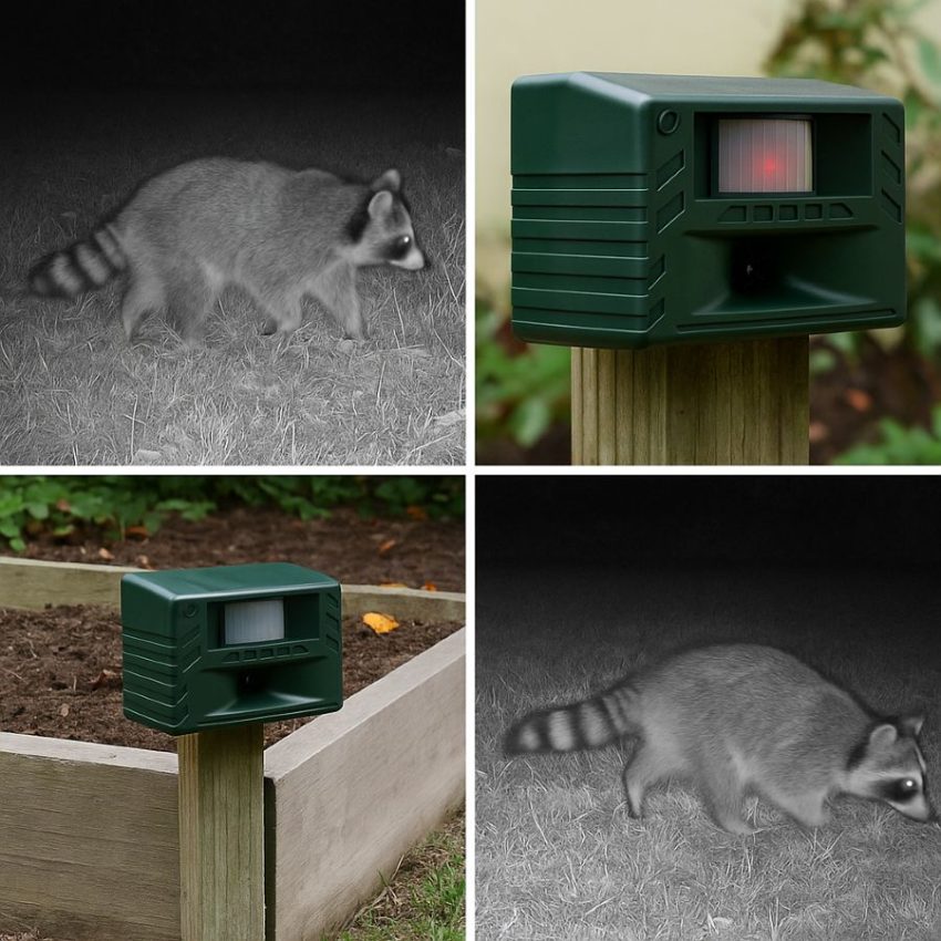 Before and after trail-cam sequence showing raccoons avoiding a bed after Yard Gard placement