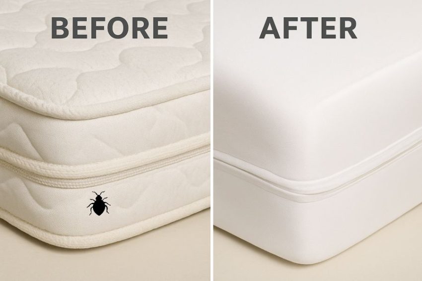 Before and after. Mattress seams that harbor bed bugs compared with a smooth encased surface