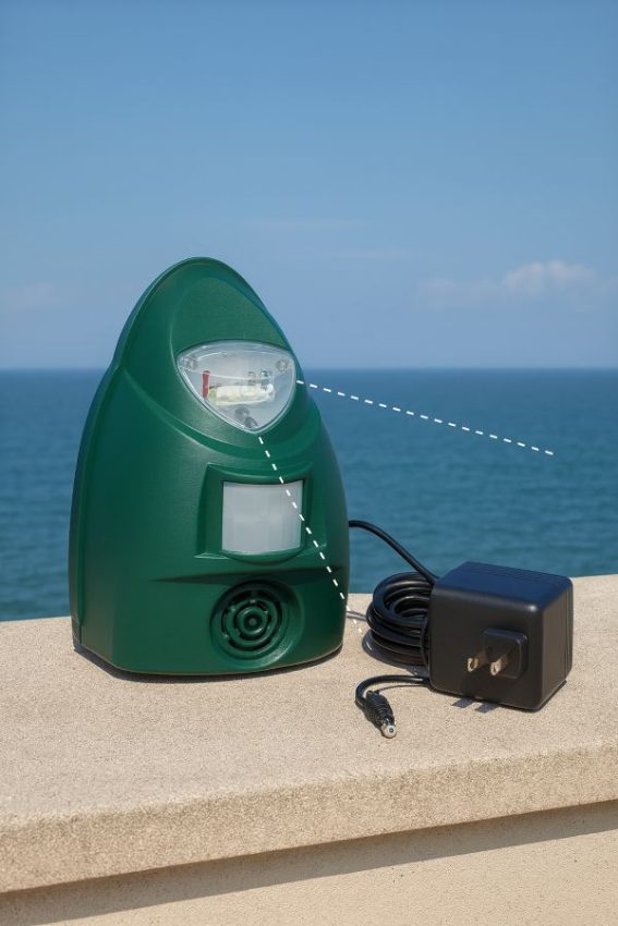 Cleanrth TSBR620 ultrasonic and sonic bird repeller on a roof ledge with sensor aimed at approach path, plug-in adapter attached