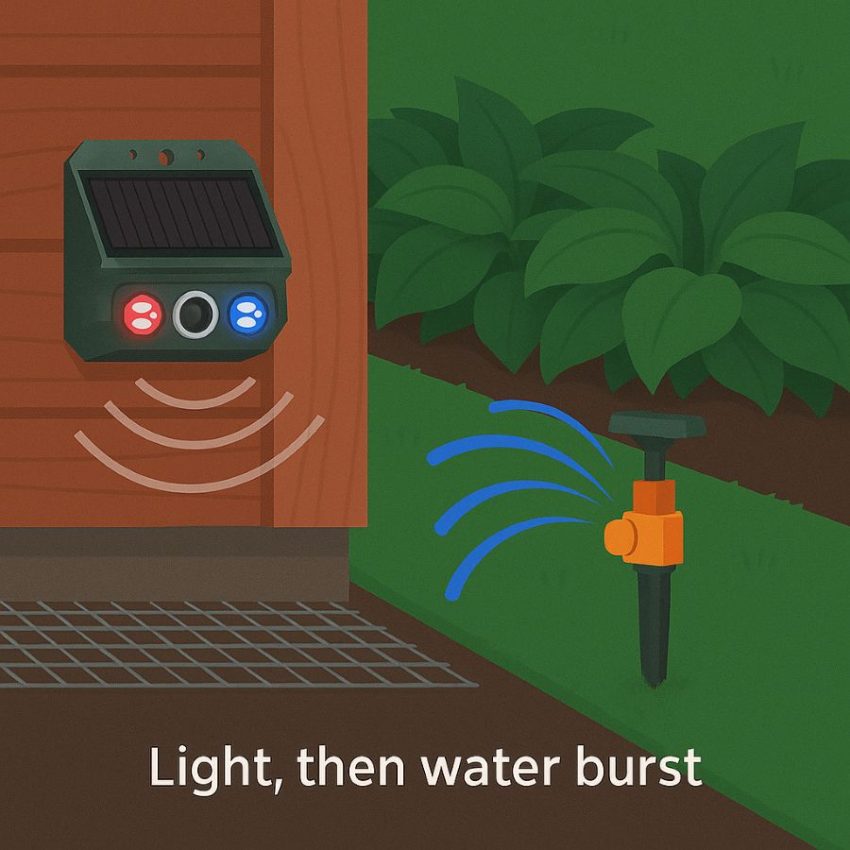 Combining motion-activated lights with a sprinkler along a deer trail for a stronger startle.